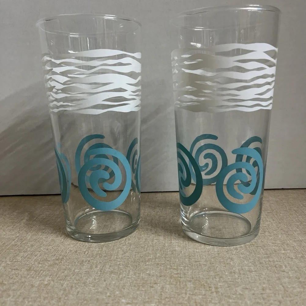 2- Vtg Federal Glass MC Tumblers Teal Swirl Circles 6 1/4